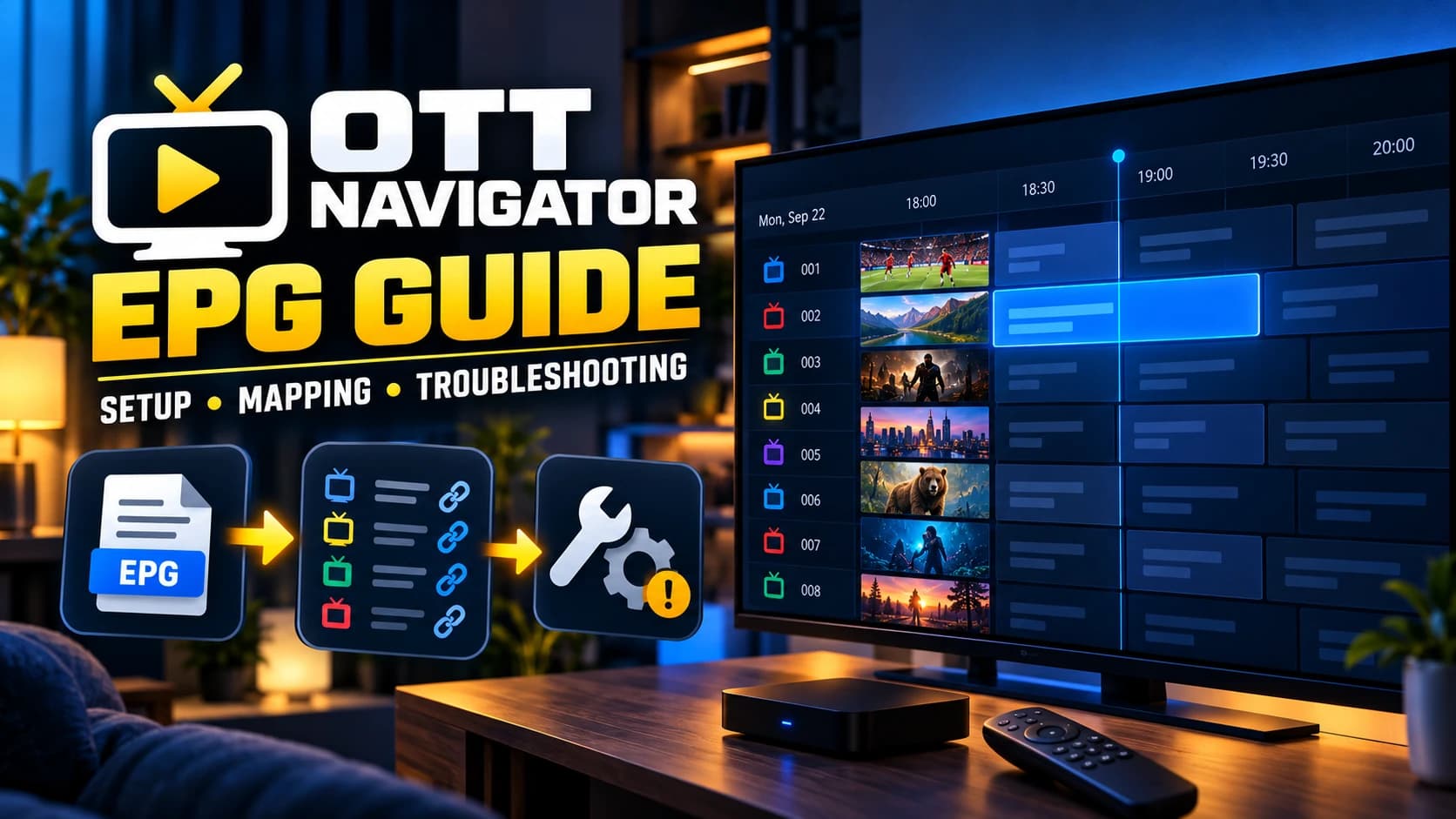 OTT Navigator EPG guide showing programme data and channel mapping